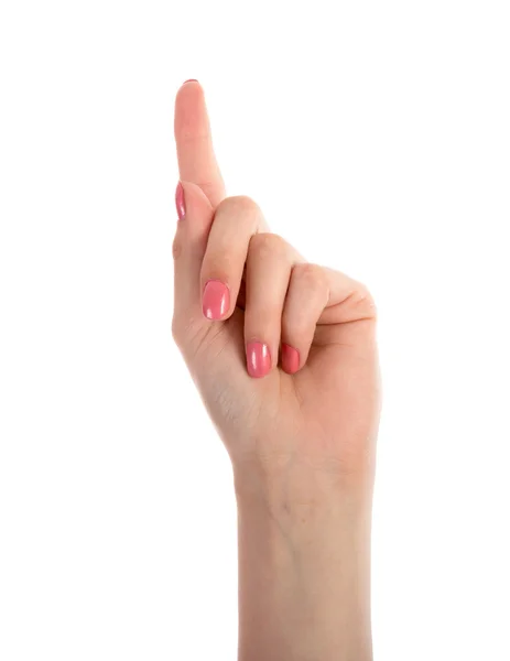 Mano femenina mostrando un dedo aislado sobre fondo blanco — Foto de Stock