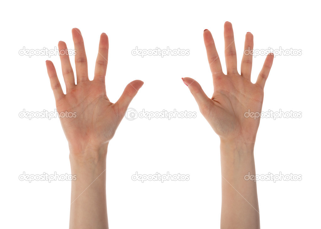 Female hands showing ten fingers isolated on white background