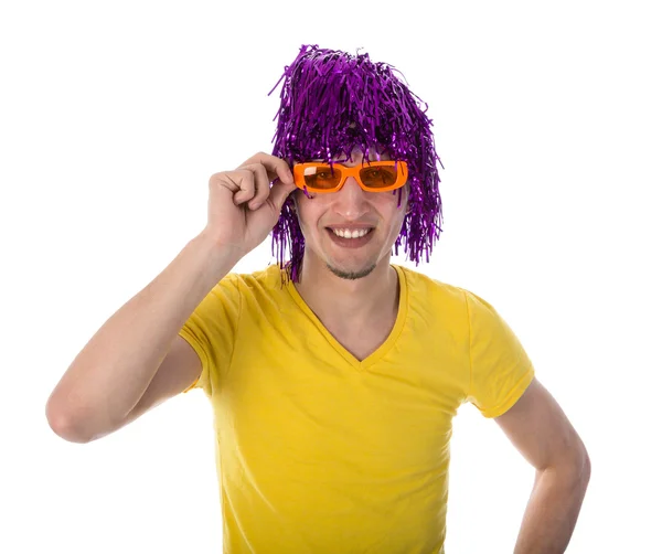 Man with orange glasses and purple wig isolated over white — Stock Photo, Image
