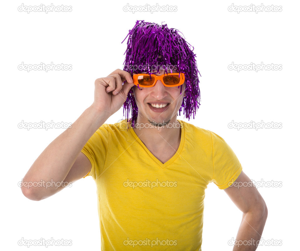 Man with orange glasses and purple wig isolated over white