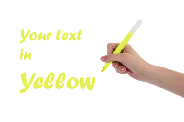 Hand skriva med gul penna isolerad på vit bakgrund — Stockfoto