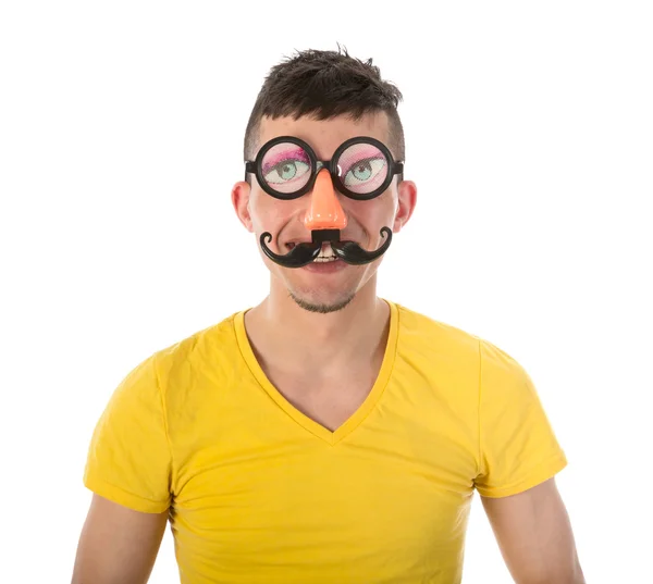 Man with funny carnival mask isolated over white — Stock Photo, Image