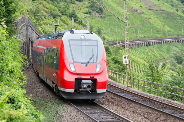 Tren que conduce a lo largo de los viñedos cerca del río Mosela en Alemania —  Fotos de Stock