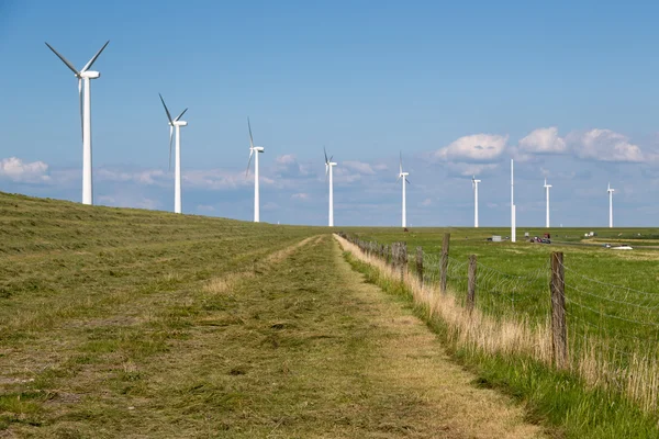 Windturbines wzdłuż grobli w Holandii, w pobliżu autostrady — Zdjęcie stockowe