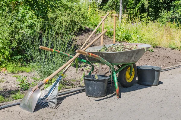 Wheelbarrow with gardening tools — Stock Photo, Image