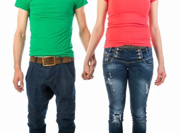 Cropped front view image of a man and woman in casual clothing holding hands isolated on white — Stock Photo, Image