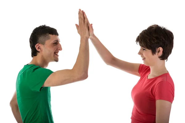 Mężczyzna i kobieta daje wysoki pięć isloated biały — Zdjęcie stockowe