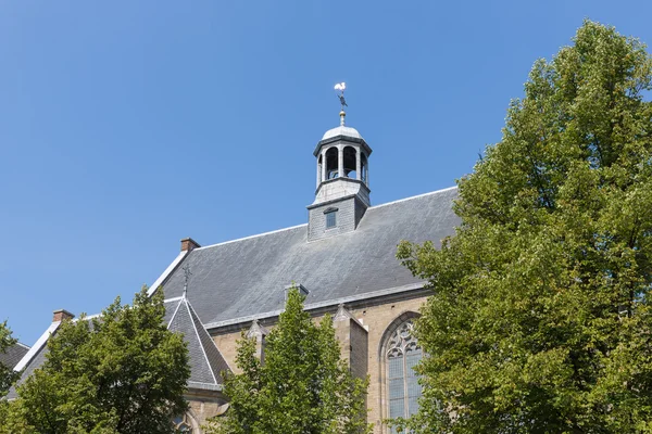 Nederlandse kerk met dak in leisteen tegen een blauwe hemel — Stockfoto