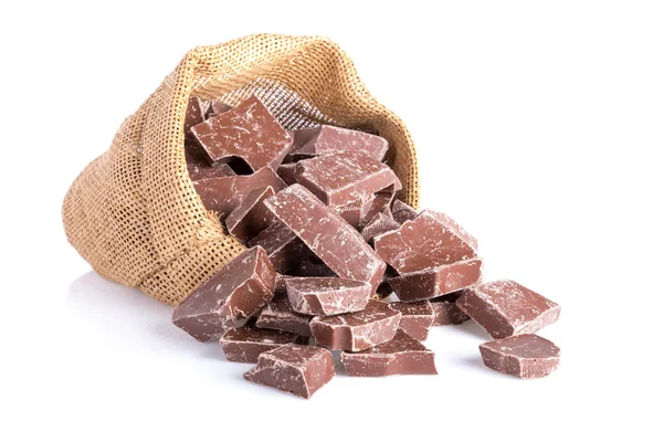 Sacchetto di iuta con pezzi di cioccolato — Foto Stock