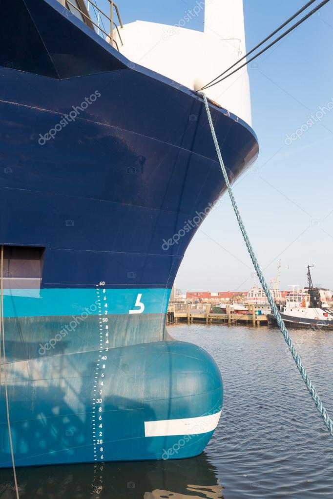 Bow of big ship in harbor of Urk, the Netherlands