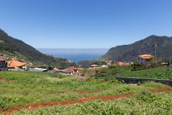 Landschap van madeira met bergen, huizen en landbouw — Stockfoto