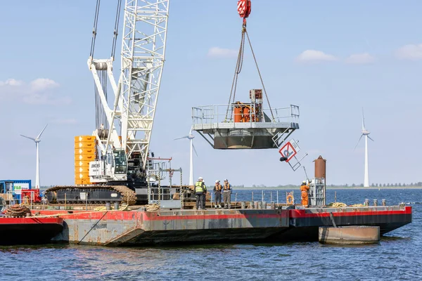 Lelystad Netherlands April 2022 Crane Ship Lifting Foundation Demolition Old — Stock Photo, Image