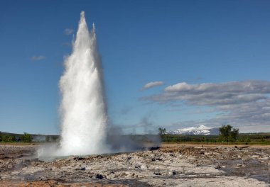 İzlanda 'daki büyük beyaz su kolonu ile Strokkur Gayzer' in patlaması.