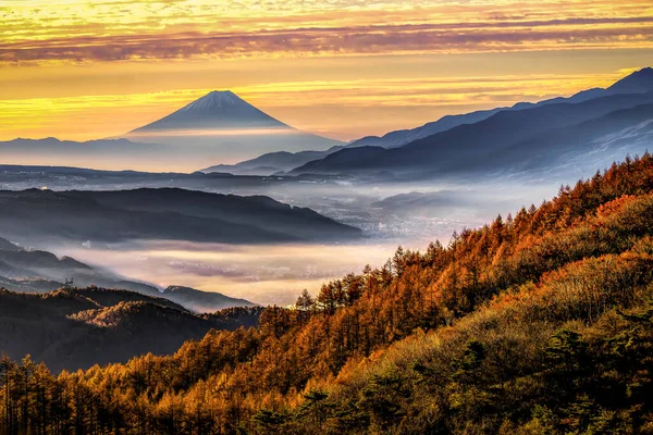 Paisagem Cênica Takabocchi Highland Outono Sunrise Com Fundo Montanha Fuji — Fotografia de Stock