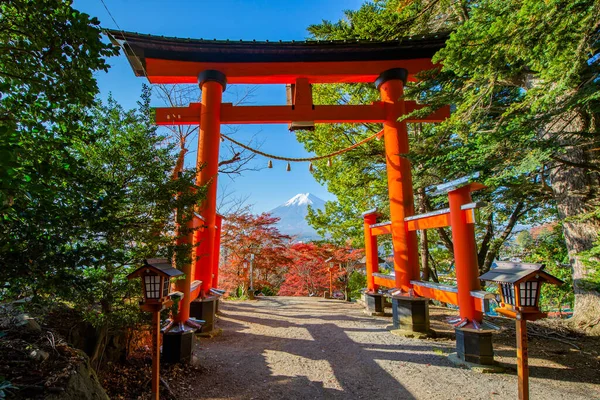 Porta Torii Con Sfondo Montagna Fuji Santuario Arakura Sengen Autunno — Foto Stock
