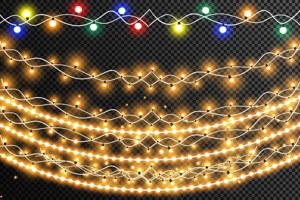 Glödande Julbelysning Isolerade Realistiska Designelement Garlands Juldekorationer Ljuseffekter — Stock vektor