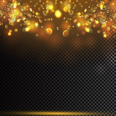 Altın parçacıklar. Yıldızlı gökyüzü. Parlak sarı bokeh daireler.