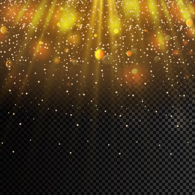 Altın parçacıklar. Yıldızlı gökyüzü. Parlak sarı bokeh daireler.