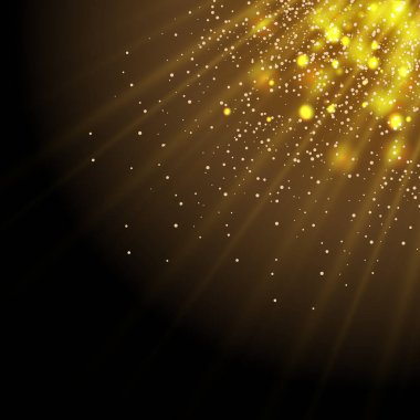 Altın parçacıklar. Yıldızlı gökyüzü. Parlak sarı bokeh daireler.