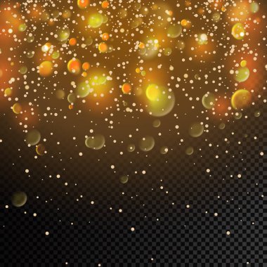 Altın parçacıklar. Yıldızlı gökyüzü. Parlak sarı bokeh daireler.