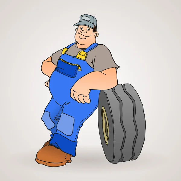 Car Mechanic with Tyre — Stock Vector