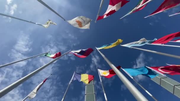 Прапори Світу Махають Вітром Тлі Блакитного Неба Білих Хмар Прапори — стокове відео