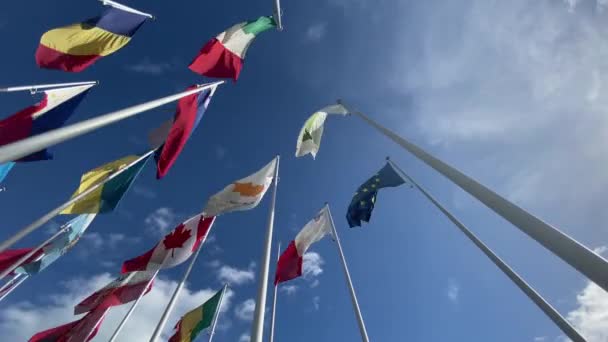 世界のフラグは 風の中で背景の青い空と白い雲に手を振った 多くの国の国旗です 国際貿易 関係の概念や — ストック動画