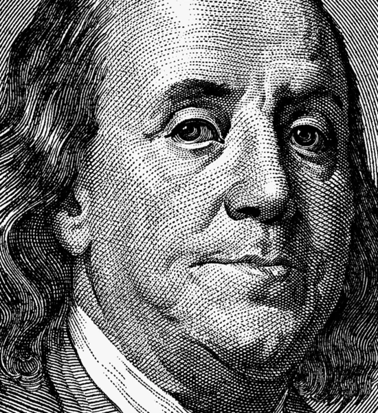 Porträt von Benjamin Franklin aus Banknote zu 100 US-Dollar — Stockfoto