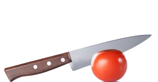 Fresh tomato and knife isolated on white — Stock Photo, Image