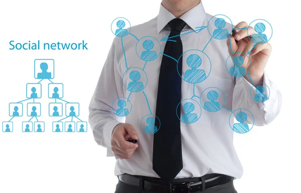 ビジネスマン、ホワイト ボードにソーシャル ビジネス ネットワークのスキームを描画 — ストック写真