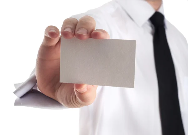 Close-up of business card in business mans hand — Stock Photo, Image