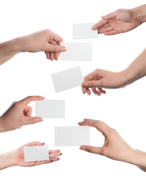 Handen houden visitekaartjes collage op witte achtergrond — Stockfoto