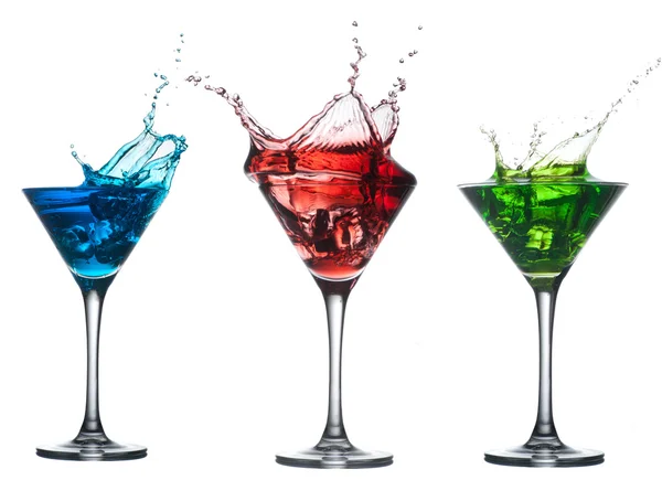 Alcoholic cocktail set splash - Red cosmopolitan, Blue Curacao, Fresh Green cocktail — Stock Photo, Image