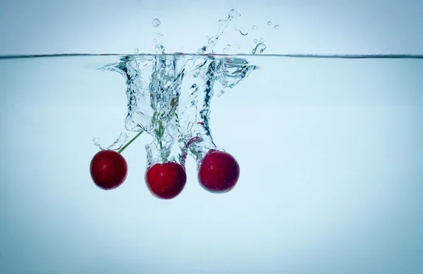 Cerezas chapoteando en el agua en el fondo azul —  Fotos de Stock