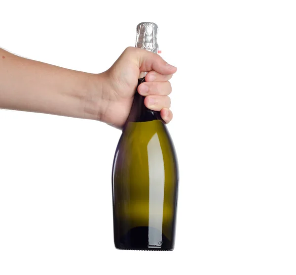 Hand holding bottle of champagne isolated on white — Stock Photo, Image