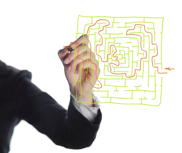 Hand drawing labyrinth and red arrow — Stock Photo, Image