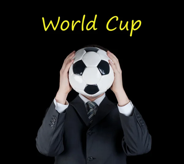 Man in suit holding a soccer ball in front of his face. Football  world cup — Stock Photo, Image