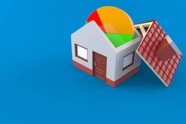 Evin içindeki turta şeması mavi arka planda izole edilmiş. 3d illüstrasyon