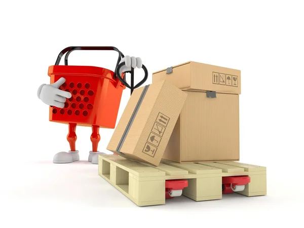 Shopping Basket Character Hand Pallet Truck Cardboard Boxes Isolated White — Foto Stock