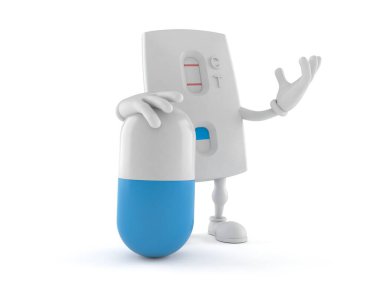 Hamilelik testi karakteri beyaz arka planda haplarla izole edilmiş. 3d illüstrasyon