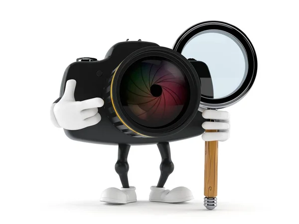 Camera Character Magnifying Glass Isolated White Background Illustration — Stock Photo, Image