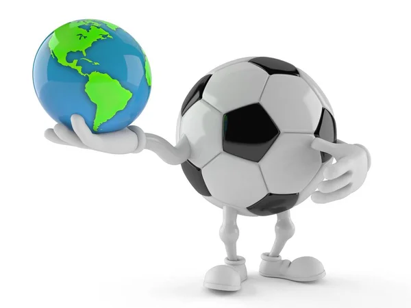 Soccer Ball Character Holding World Globe Isolated White Background Illustration — Stock Photo, Image