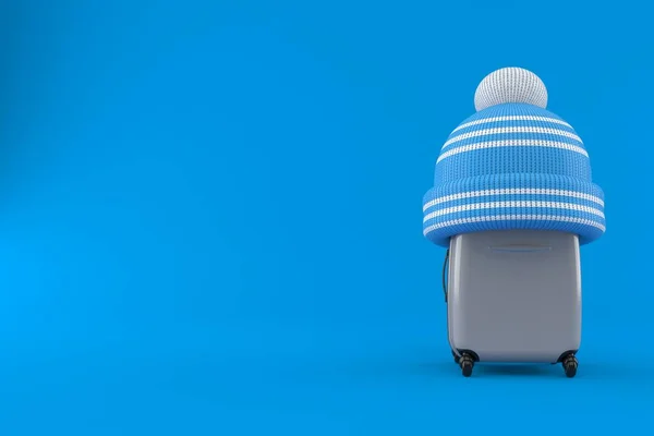 青い背景に冬の帽子で隔離されたスーツケース 3Dイラスト — ストック写真