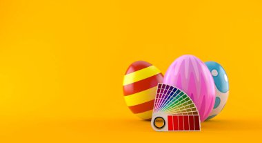 Turuncu arka planda izole edilmiş renk numuneli Paskalya yumurtaları. 3d illüstrasyon