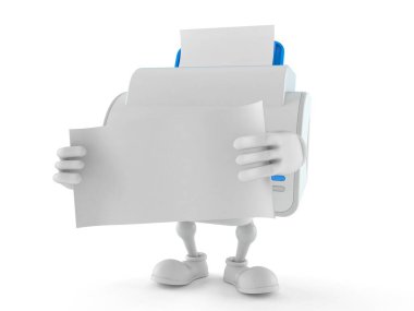 Yazıcı karakteri beyaz arkaplanda boş kağıt tutuyor. 3d illüstrasyon