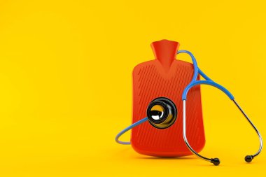 Steteskoplu sıcak su şişesi turuncu arka planda izole edilmiş. 3d illüstrasyon