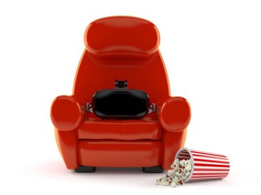 Beyaz arka planda izole edilmiş sinema koltuğu ve patlamış mısırlı VR kulaklık. 3d illüstrasyon