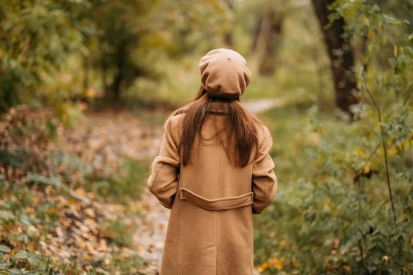 Yünlü Ceketli Bir Kız Güzel Bir Sonbahar Parkında Yürüyor — Stok fotoğraf