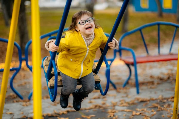 Happy Child Syndrome Enjoying Swing Playground — Stock Photo, Image