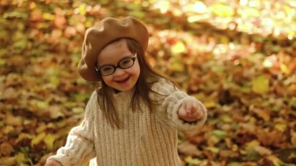 Happy Cute Brown Haired Woman Downs Syndrome Knitted Sweater Stylish — Stock Video